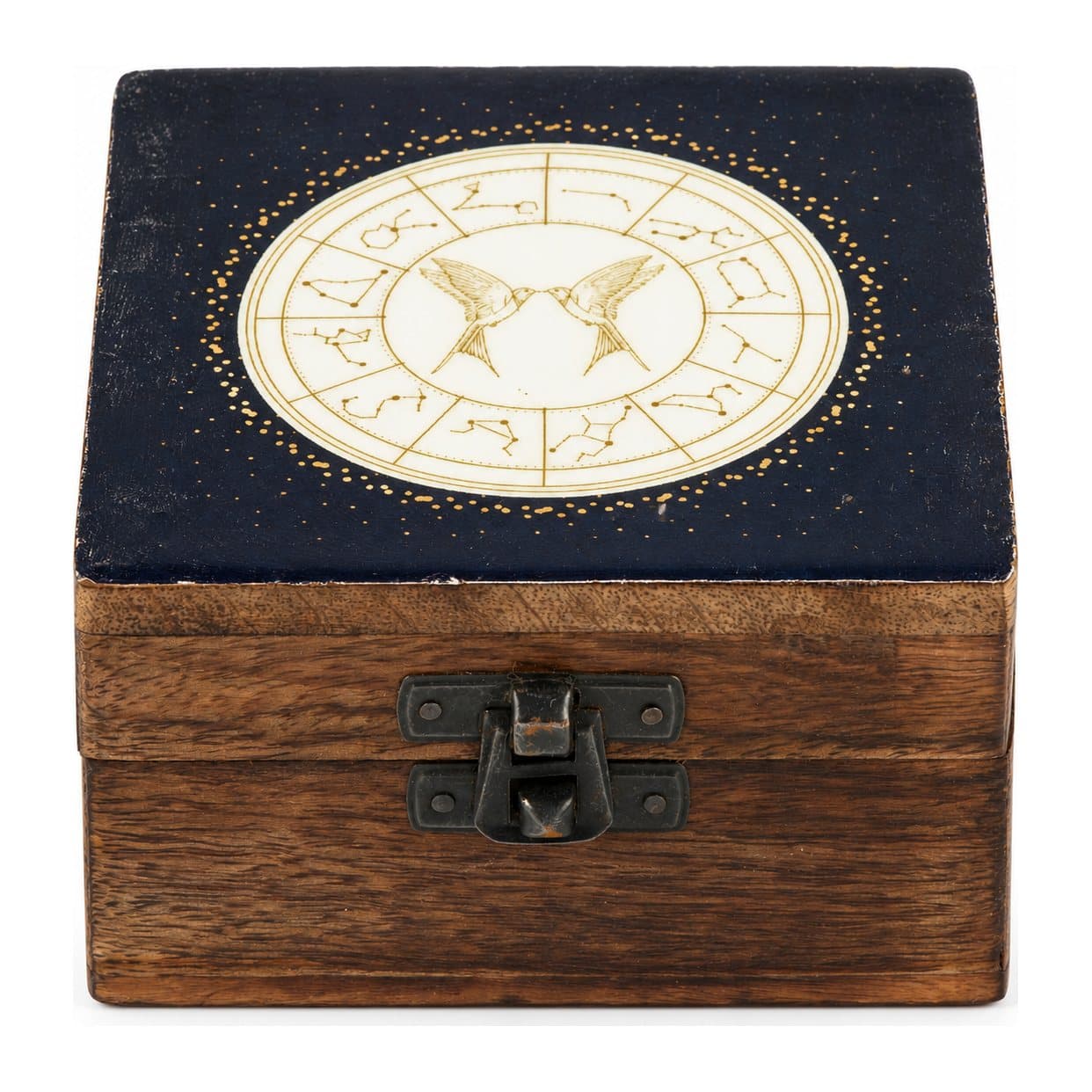 Small wooden box with a Gemini-themed enamelled design