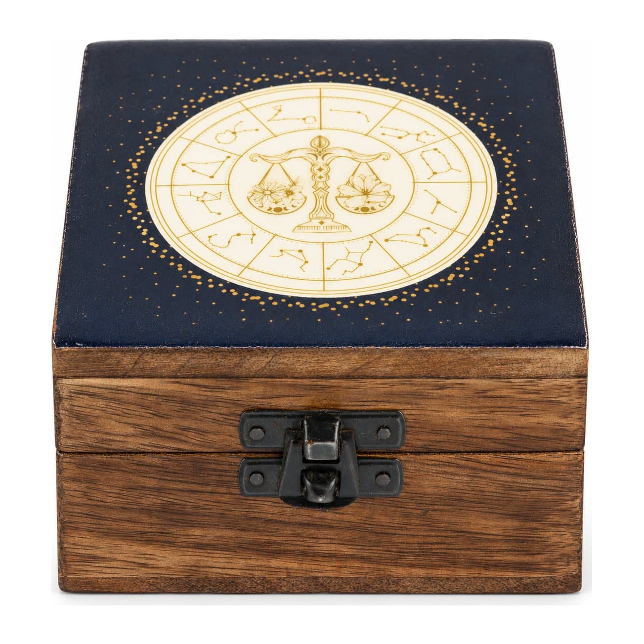 Small wooden box with an enamelled Libra zodiac design