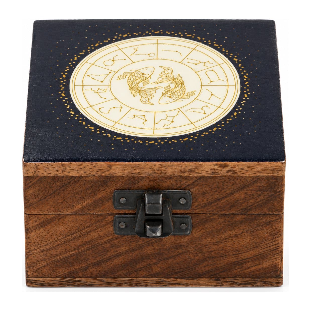 Small wooden box with an enamelled Pisces zodiac design