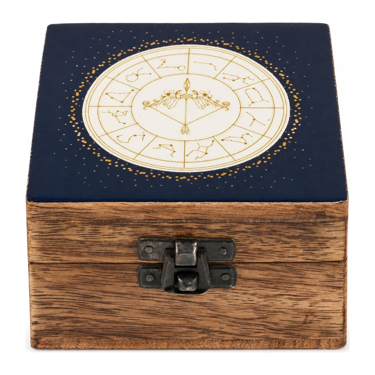 Small wooden box with an enamelled Sagittarius zodiac design