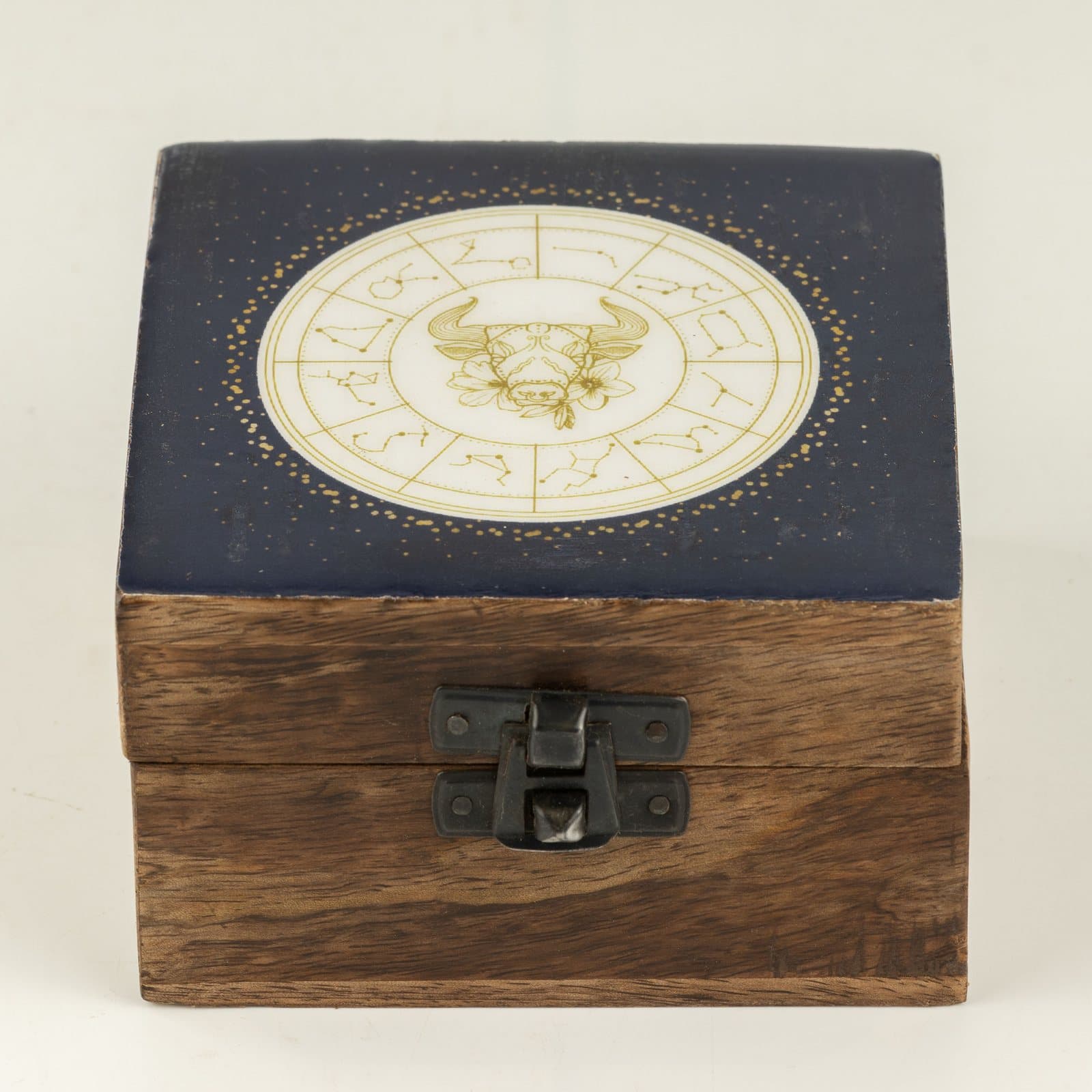 Small wooden box with an enamelled Taurus zodiac design