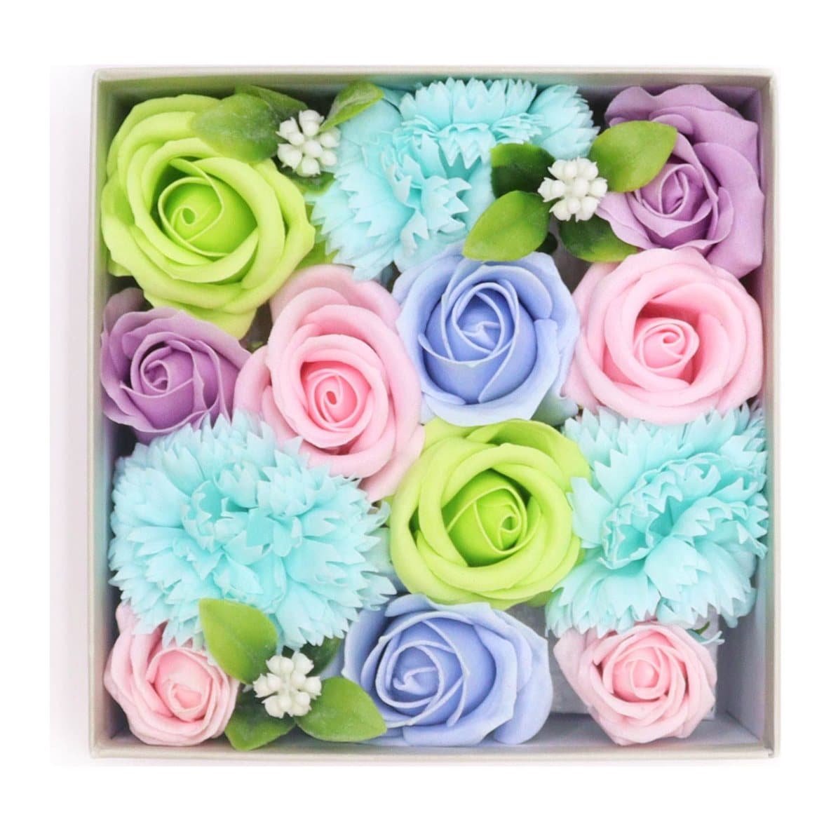 Square gift box of blue soap flowers