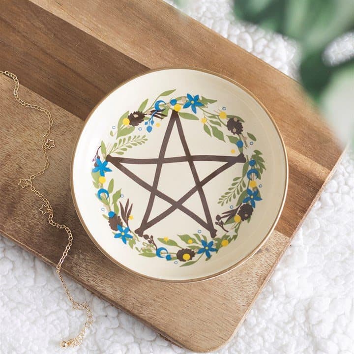 Ceramic solstice wreath trinket dish with botanical pentagram design