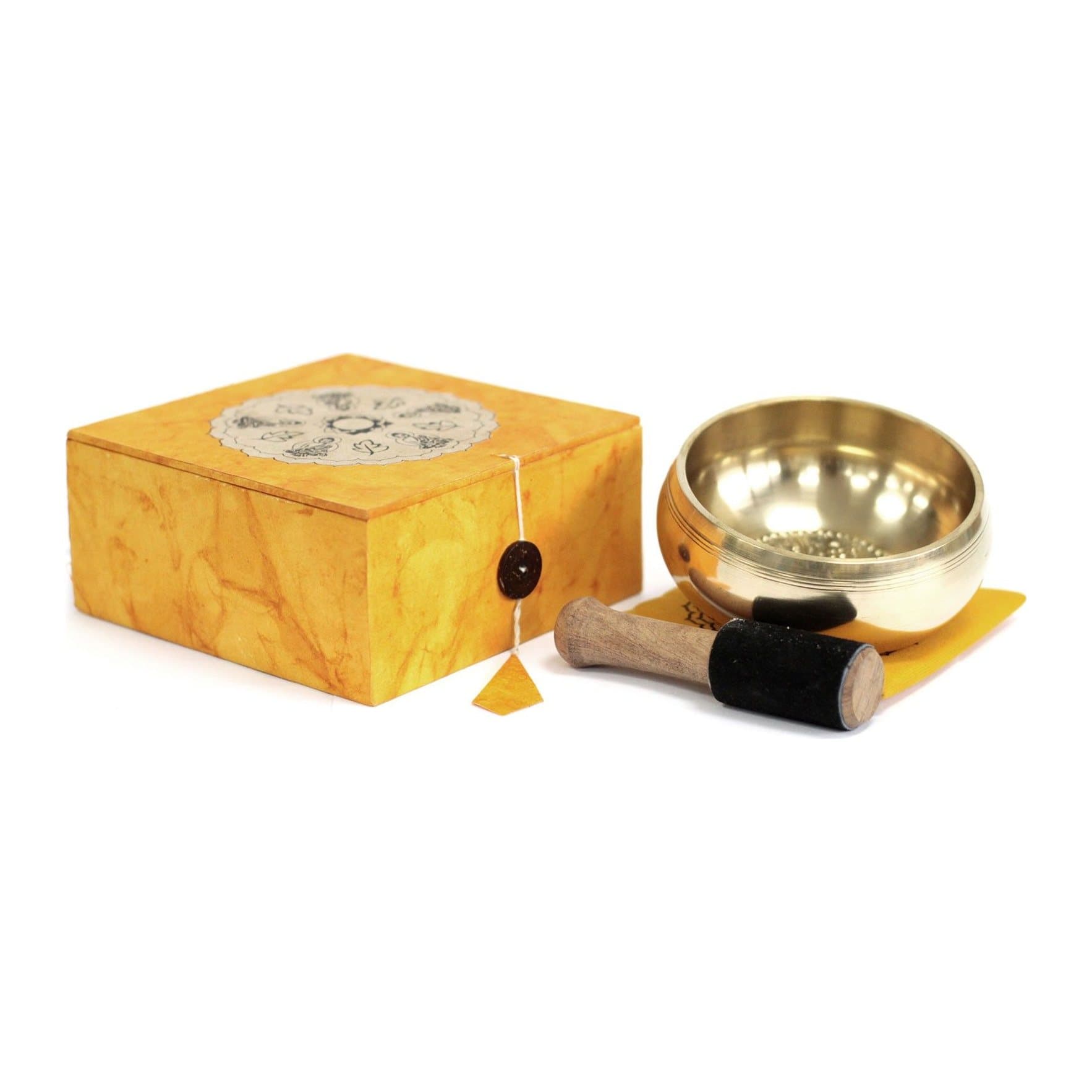 Special meditation bowl set: brass singing bowl with wood stick and cushion