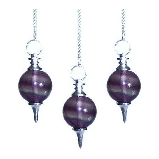 Purple fluorite sphere pendulum on a silver plated chain with a gemstone bead