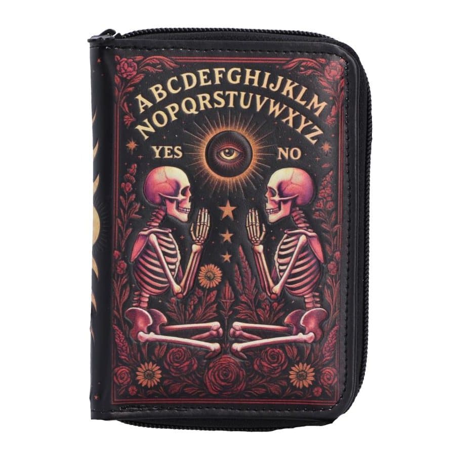Spirit Board embossed purse with two skeletons and Ouija board lettering