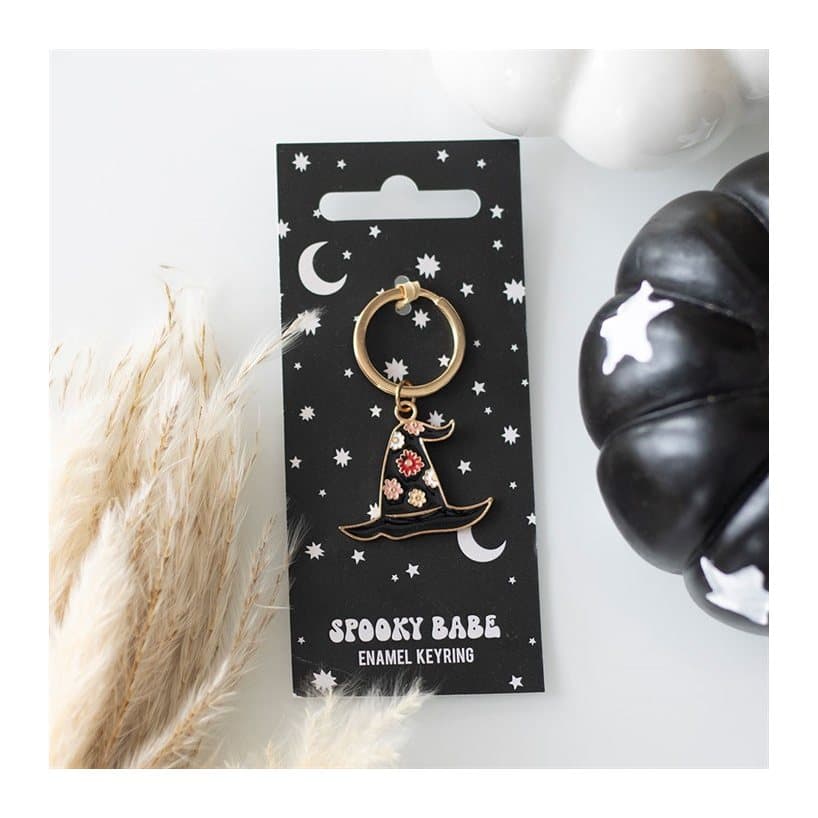 Black witch hat keyring with floral design on a night-sky print backing card