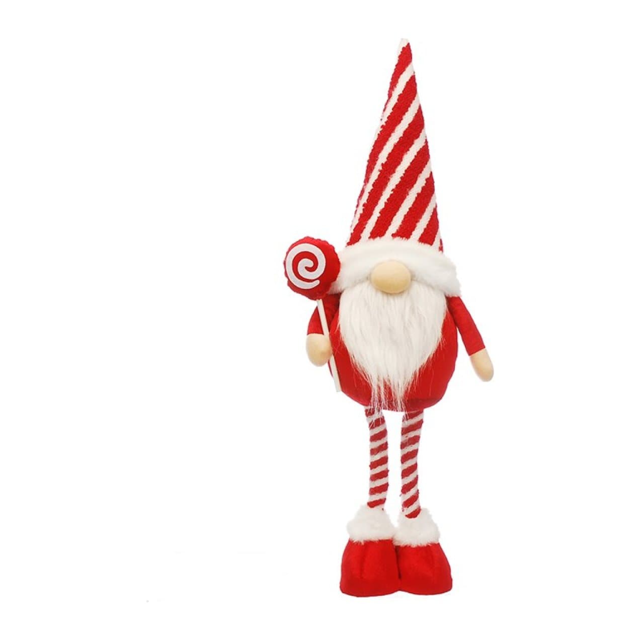 Red and white striped Christmas gonk holding a lollipop