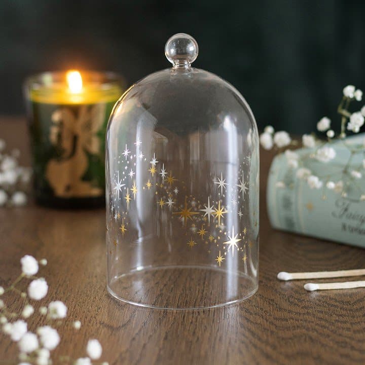 Clear glass cloche with gold stars