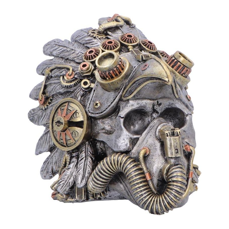 Steampunk feather skull figurine with a bird beak and gears in silver, gold and bronze