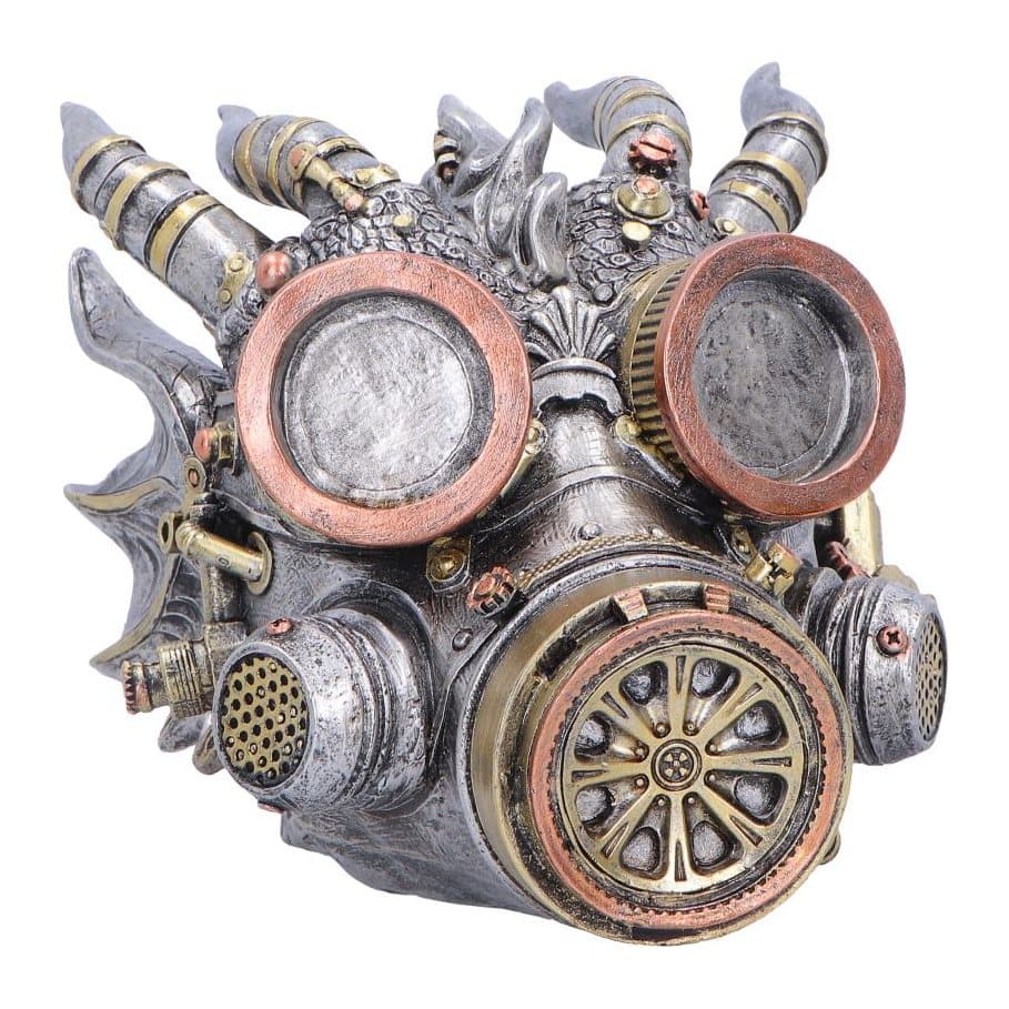Steampunk gas mask figurine with dragon-style scales and horns, in silver and gold