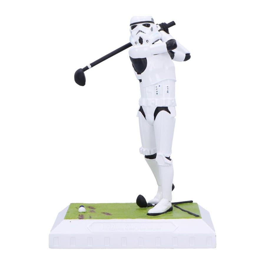 Stormtrooper statue mid-swing with a golf club