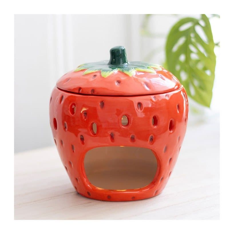 Bright red ceramic strawberry oil burner with lid