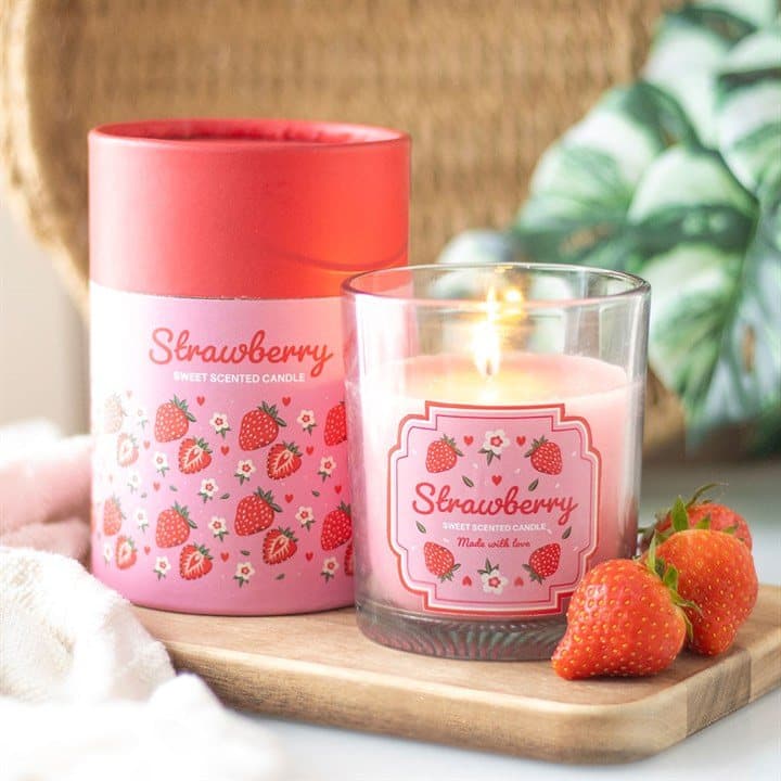 Strawberry print glass candle with a wooden lid