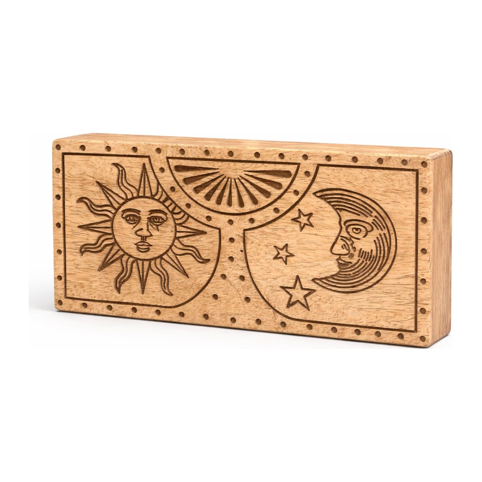 Mango wood box carved with a sun and moon