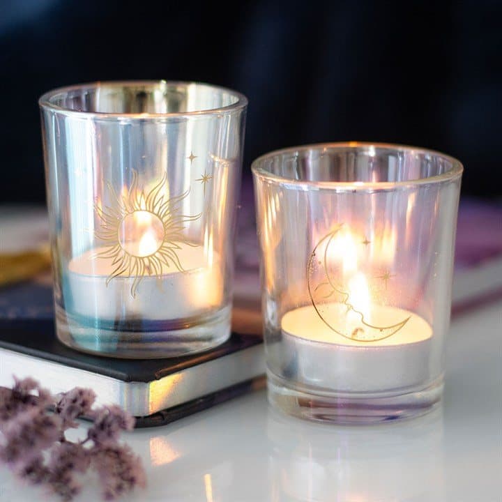 Iridescent sun and moon votive holders