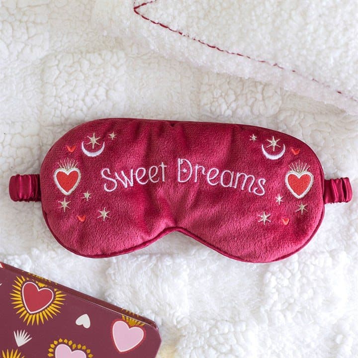 Red Sweet Dreams velvet sleep mask with heart and moon designs