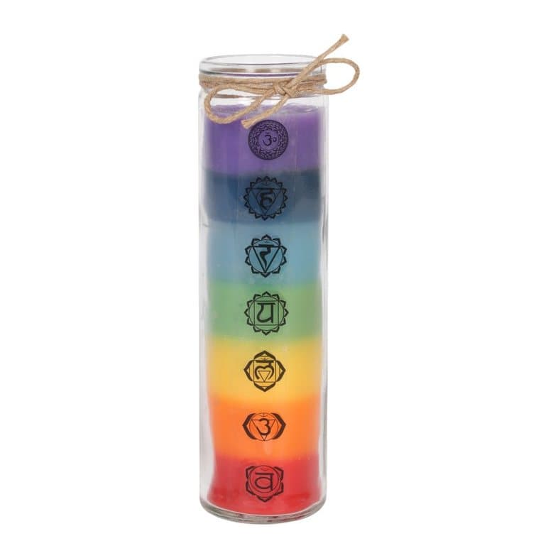 Tall glass candle with seven layers of coloured wax