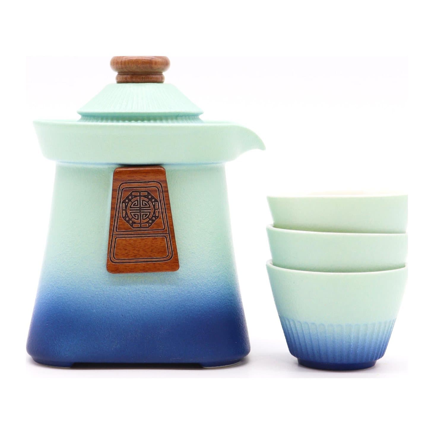 Blue temple-style teapot with three cups