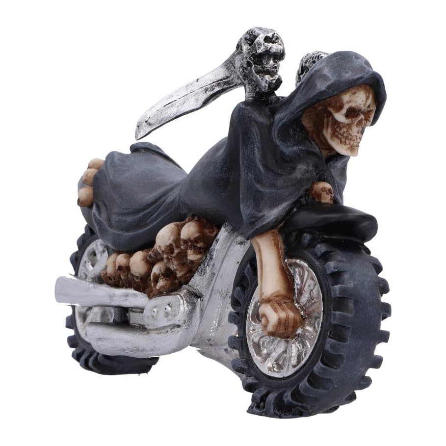 Grim Reaper motorbike figurine with a cloak body, skull accents and scythe handlebars