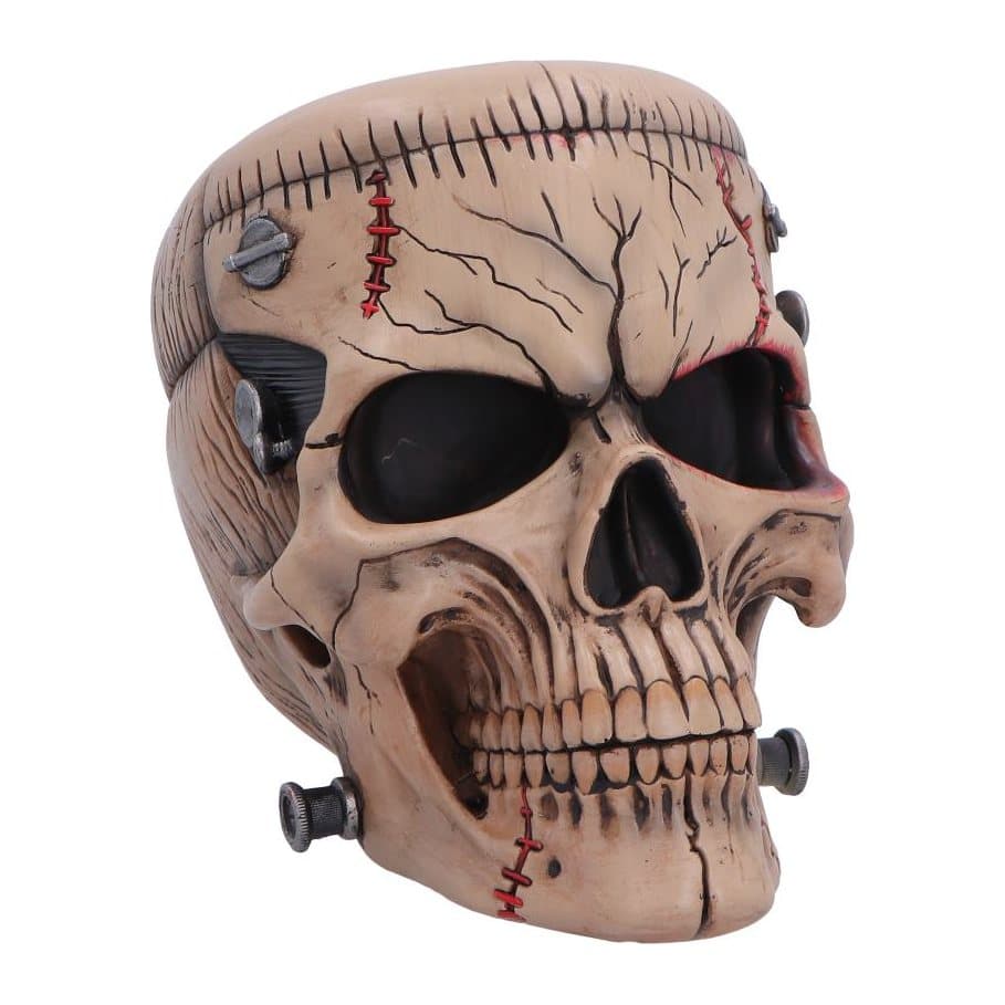 Hand-painted skull ornament with stitched head markings, cuts and bolts