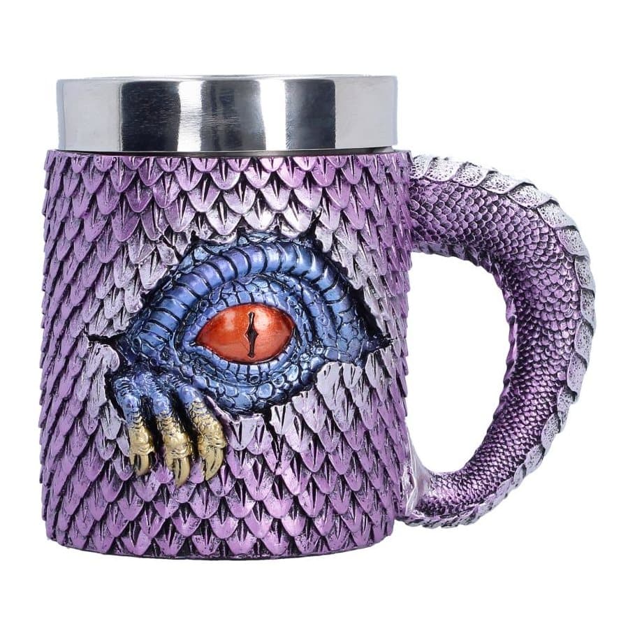 Small polyresin dragon tankard with purple scales and a dark red dragon's eye