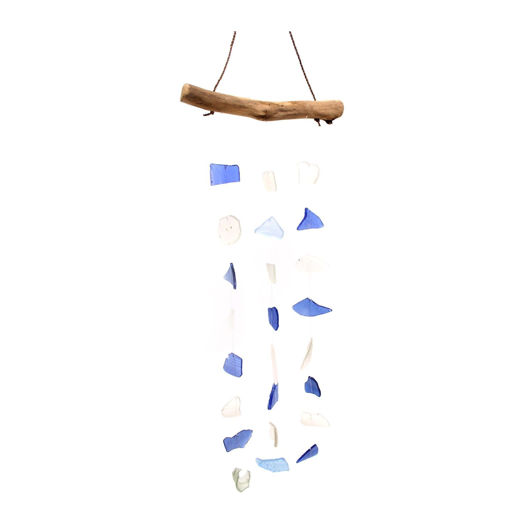 Three drop recycled glass wind chime in blue and white