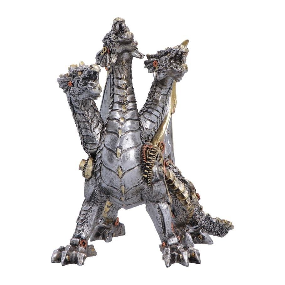 Three-headed steampunk dragon figurine with mechanical bolts, gears and cogs