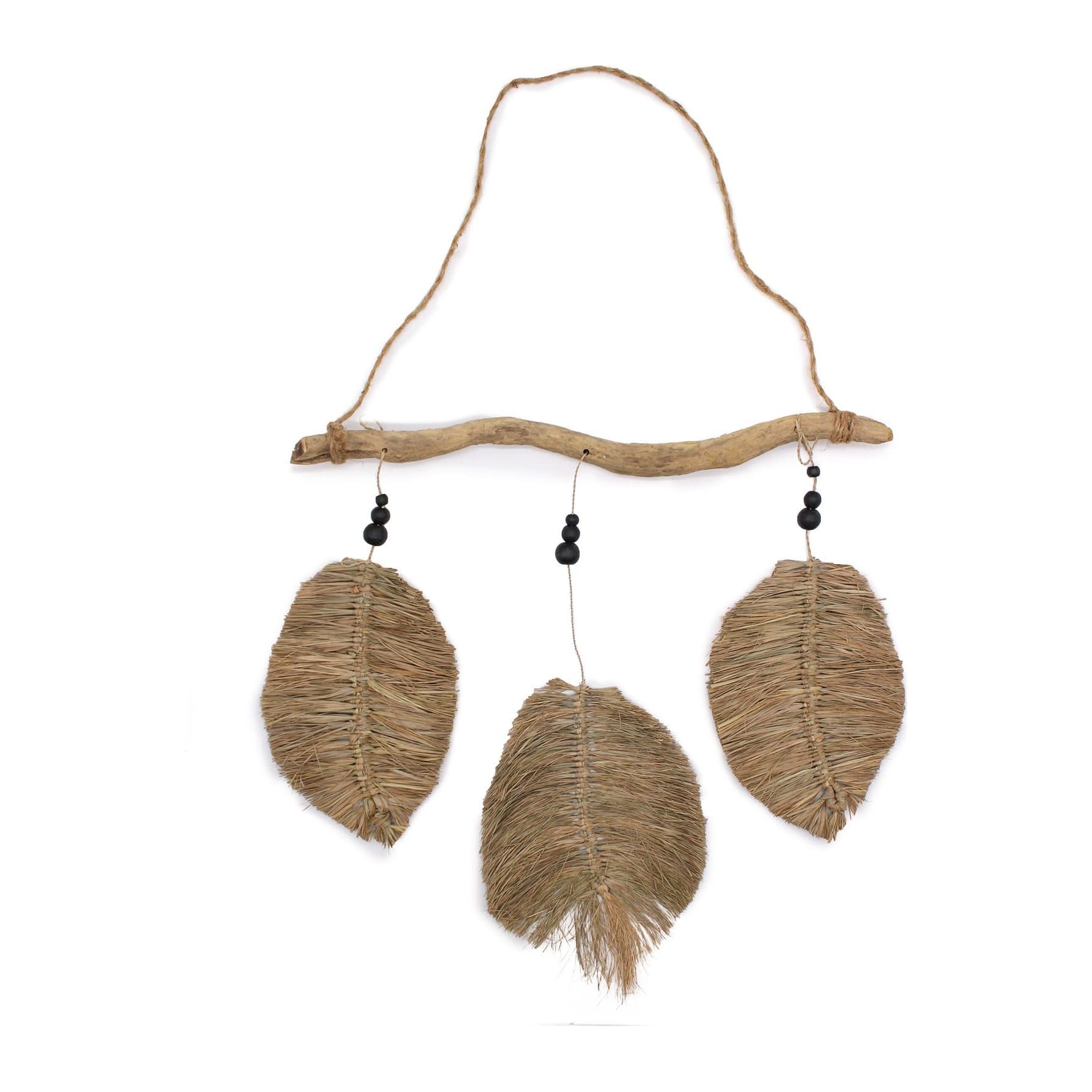 Three raffia leaf wall pieces with pinewood beads and driftwood