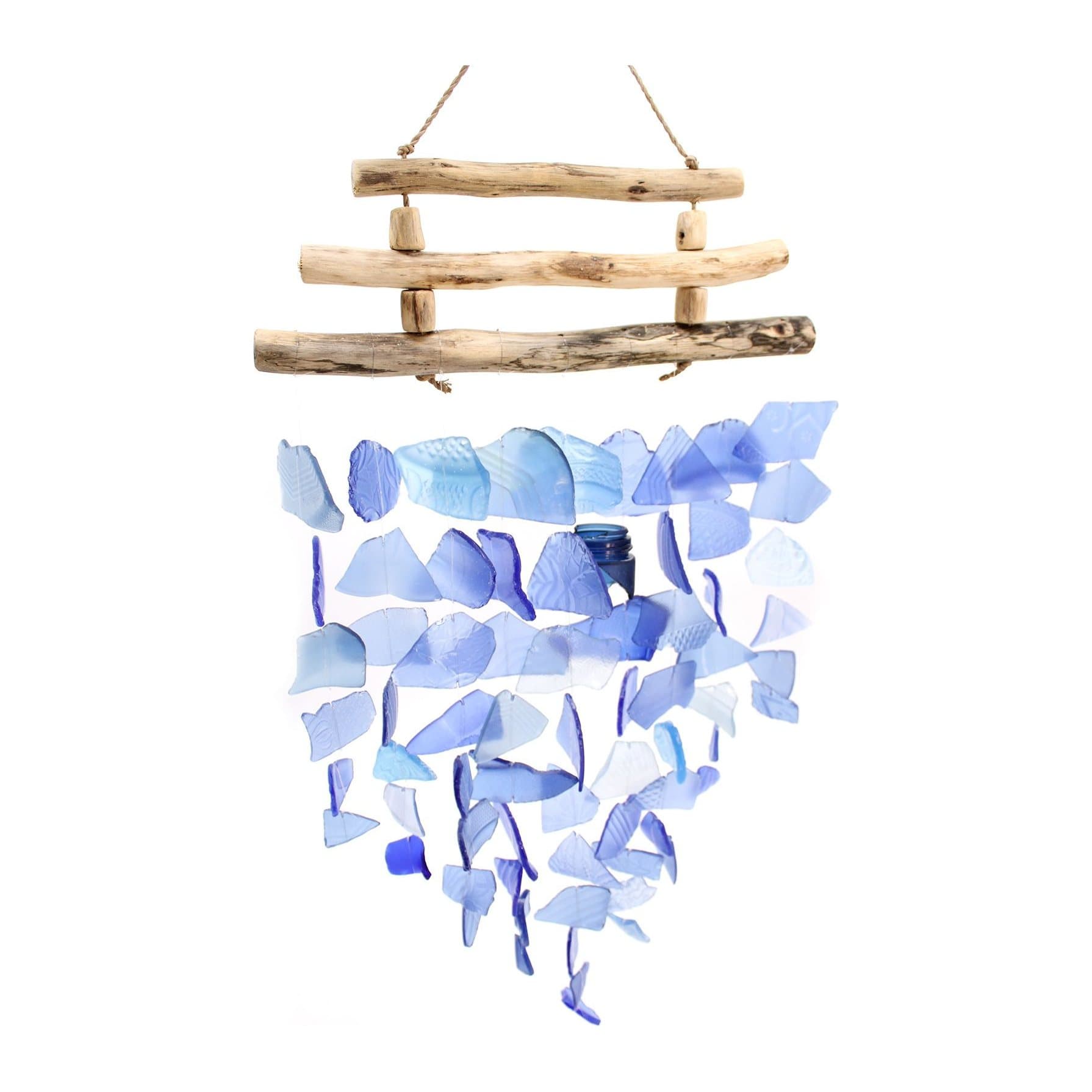 Recycled glass wind chime on wooden sticks in the All Blues style