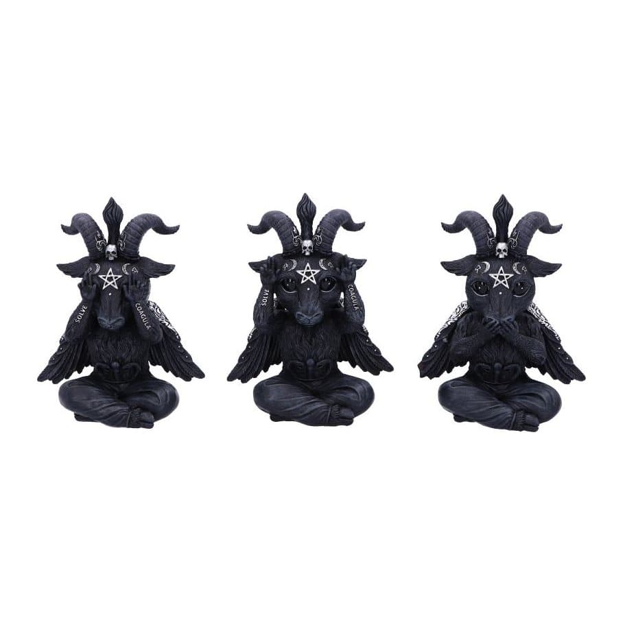 Three goat-headed Baphomet figurines side by side covering mouth, eyes and ears
