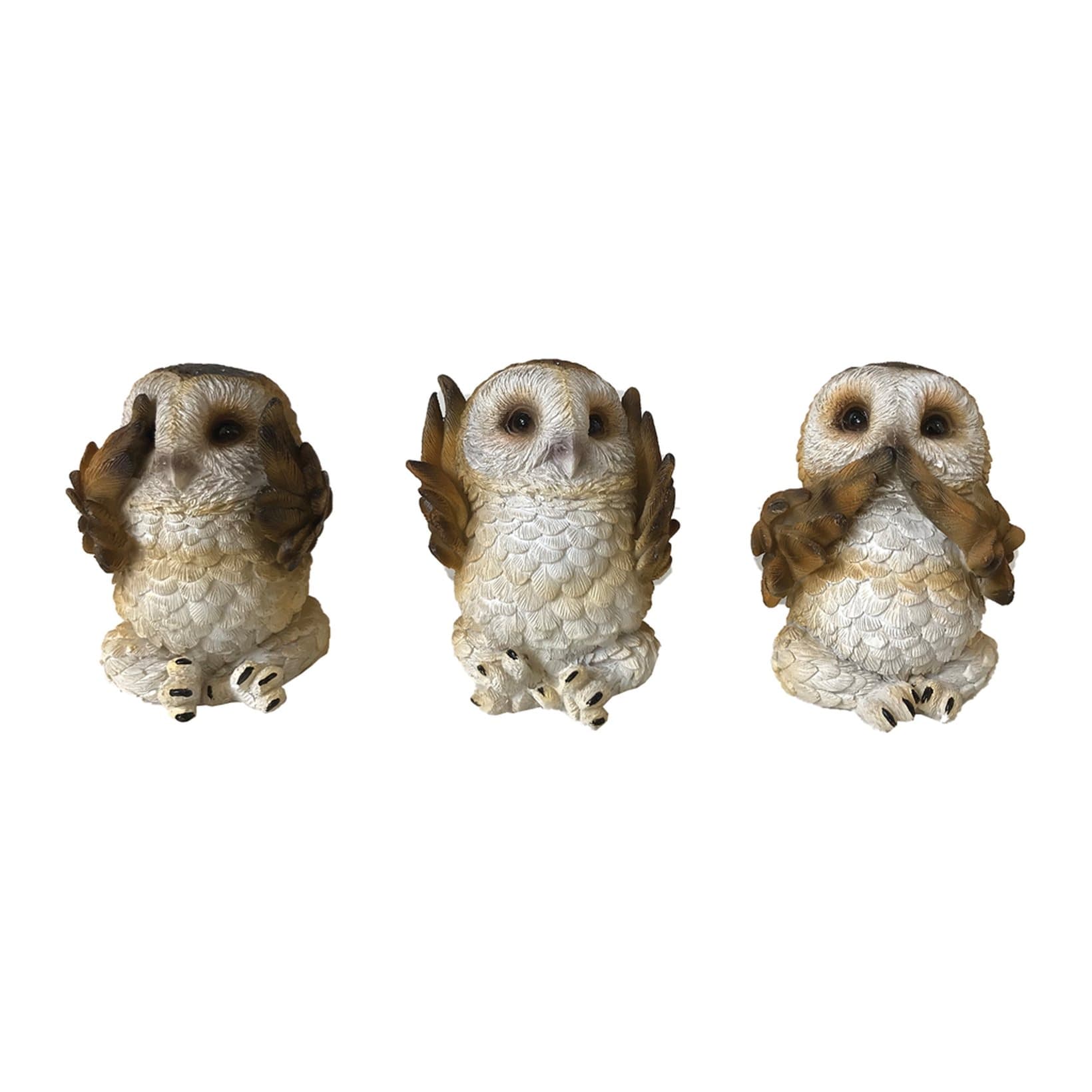 Three brown owls side by side covering eyes, mouth and ears