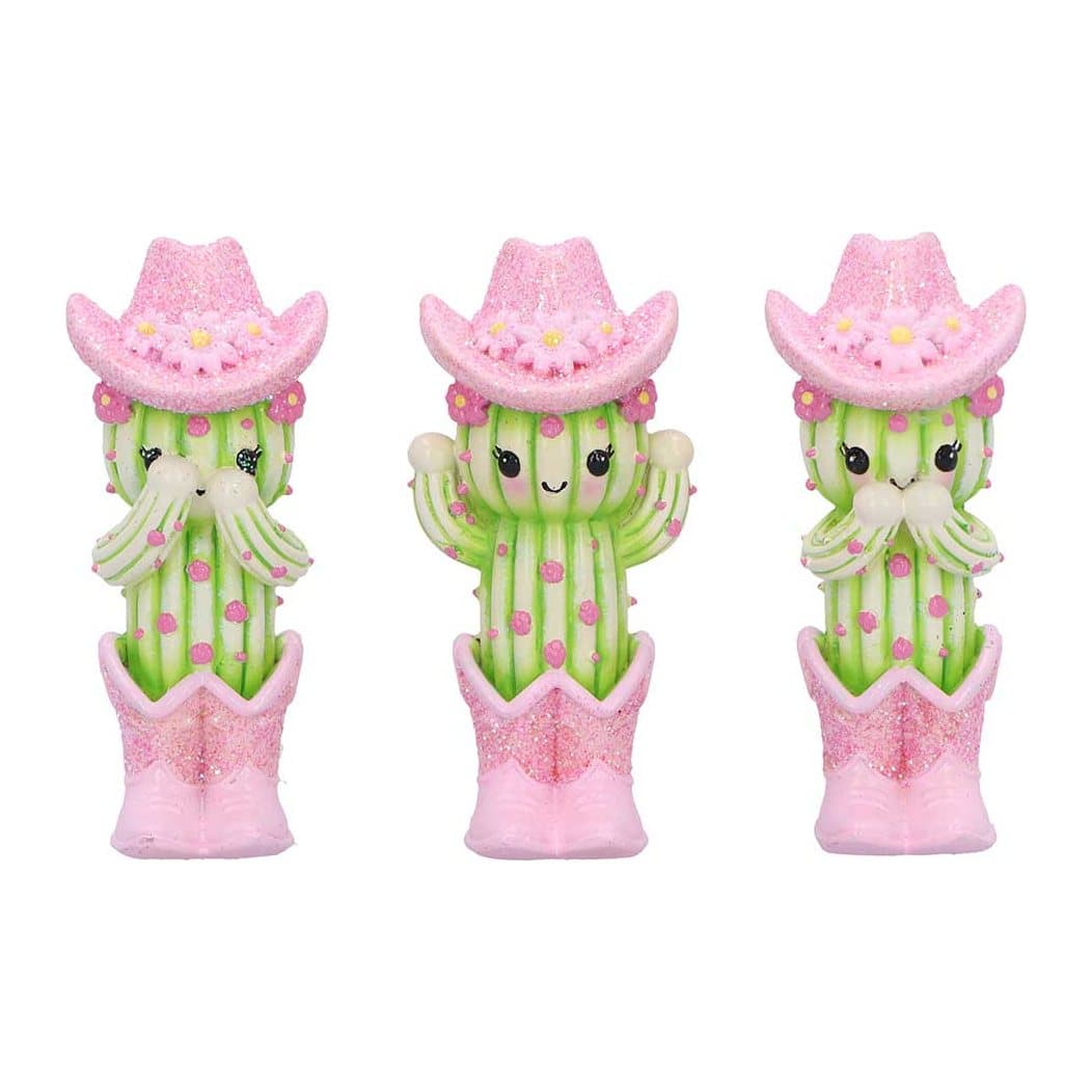Three green resin cactus figurines in pink cowboy boots and hats