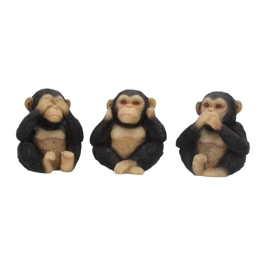 Three resin chimps covering eyes, ears and mouth