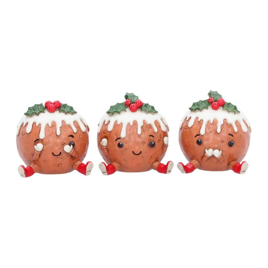 Three resin Christmas pudding figurines with tiny arms and legs in wise poses