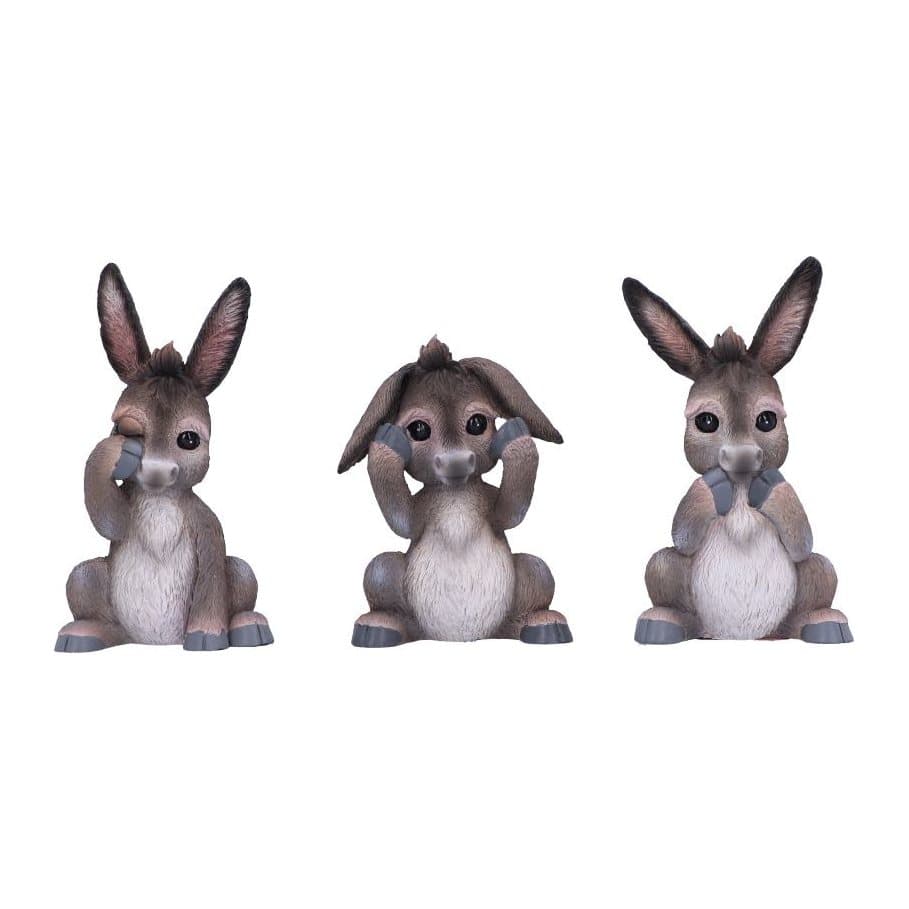 Three resin donkey figurines side by side covering mouth, ears and eyes