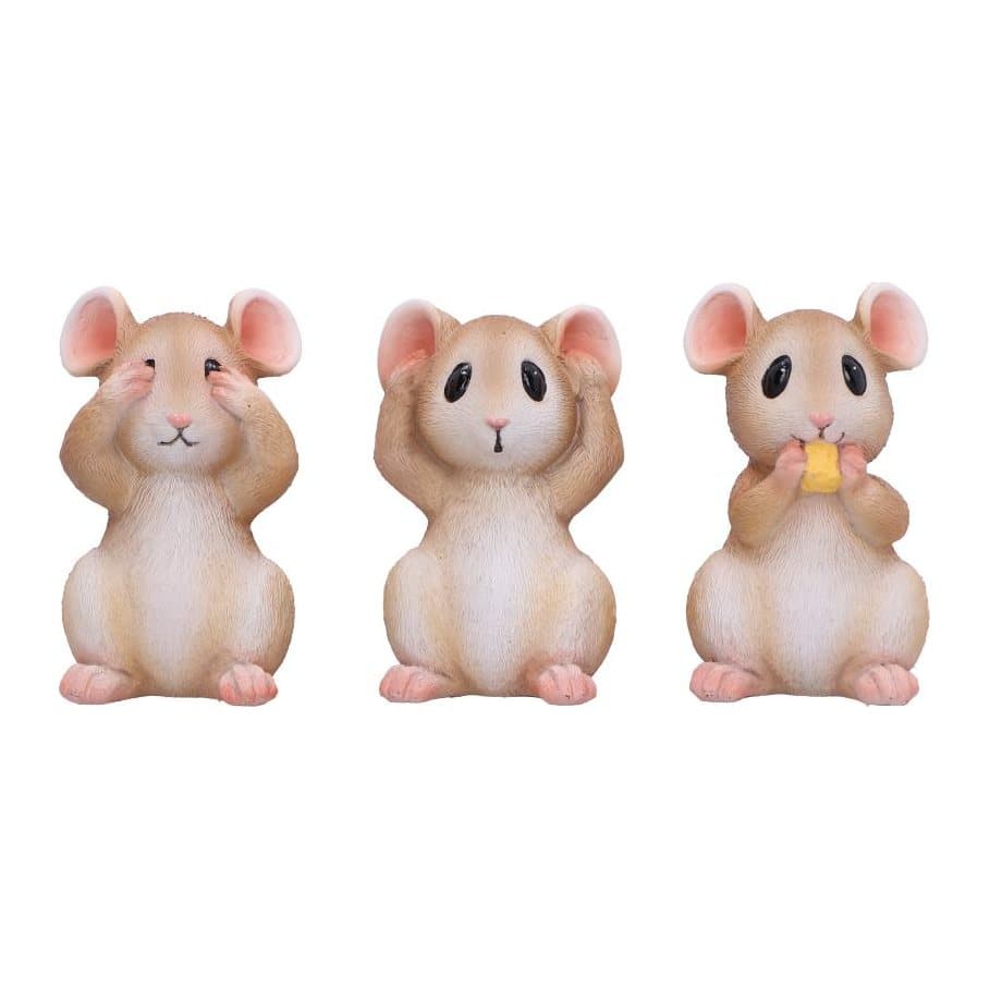 Three hand-painted resin mice in the hear no evil, see no evil, speak no evil pose