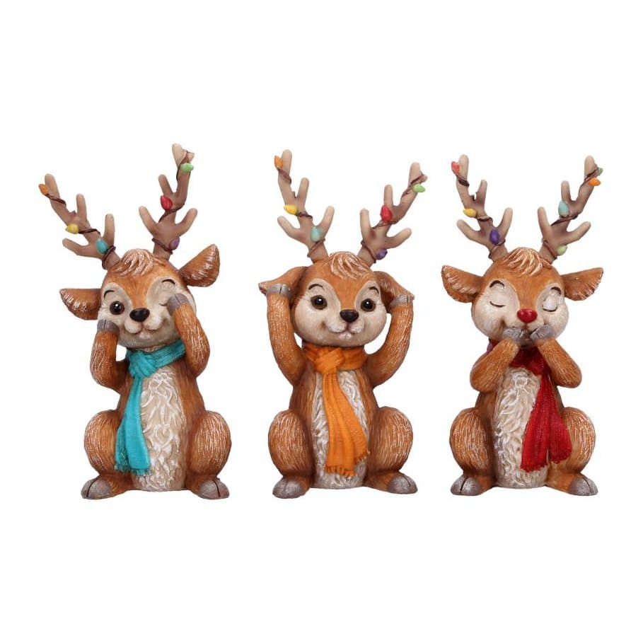 Three resin reindeer figurines in coloured scarves with lights on their antlers