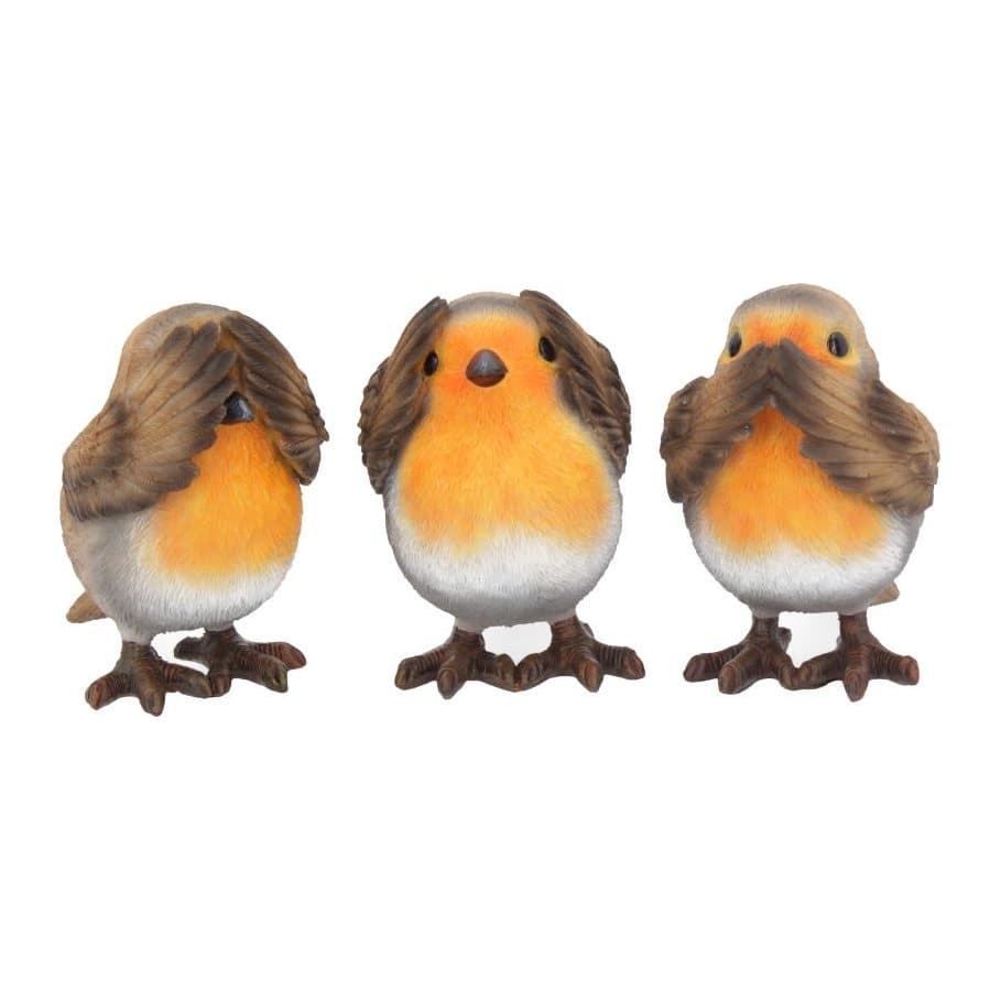 Three plump robin figurines covering their eyes, ears and mouth