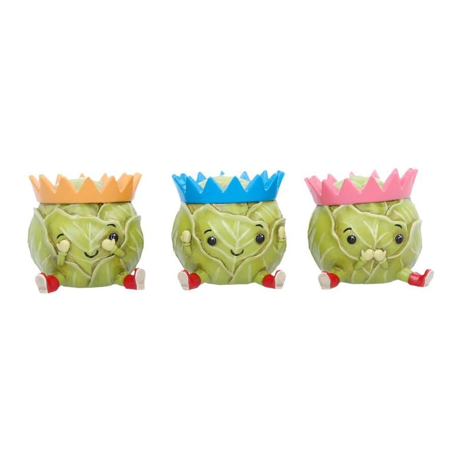 Three sprout figurines in Christmas crowns posing see, hear and speak no evil