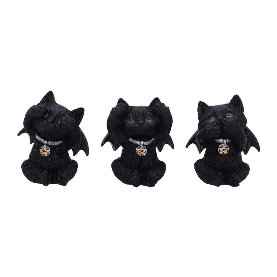 Three vampire cat figurines with bat wings covering mouth, ears and eyes