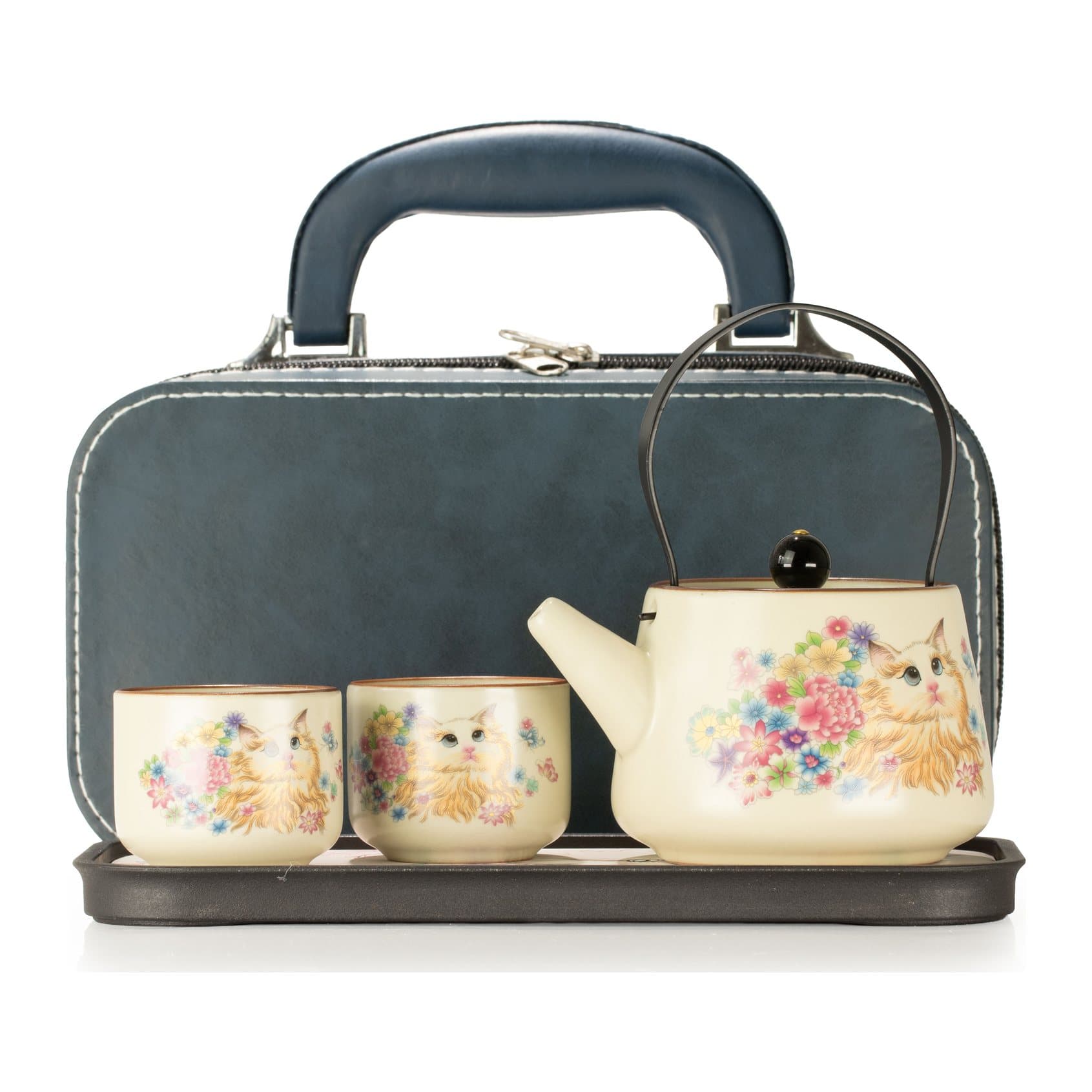 Compact teapot and two cups with a cat design