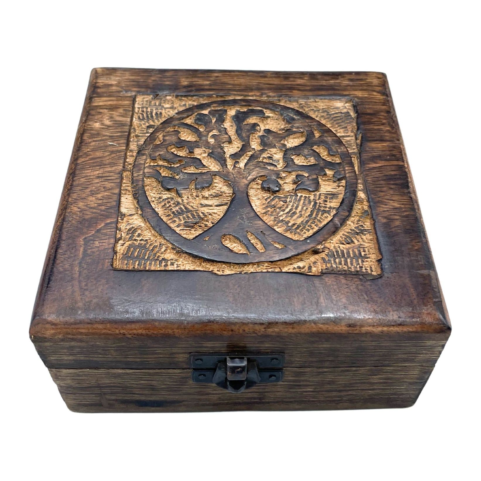 Carved wooden keepsake box with a tree of life