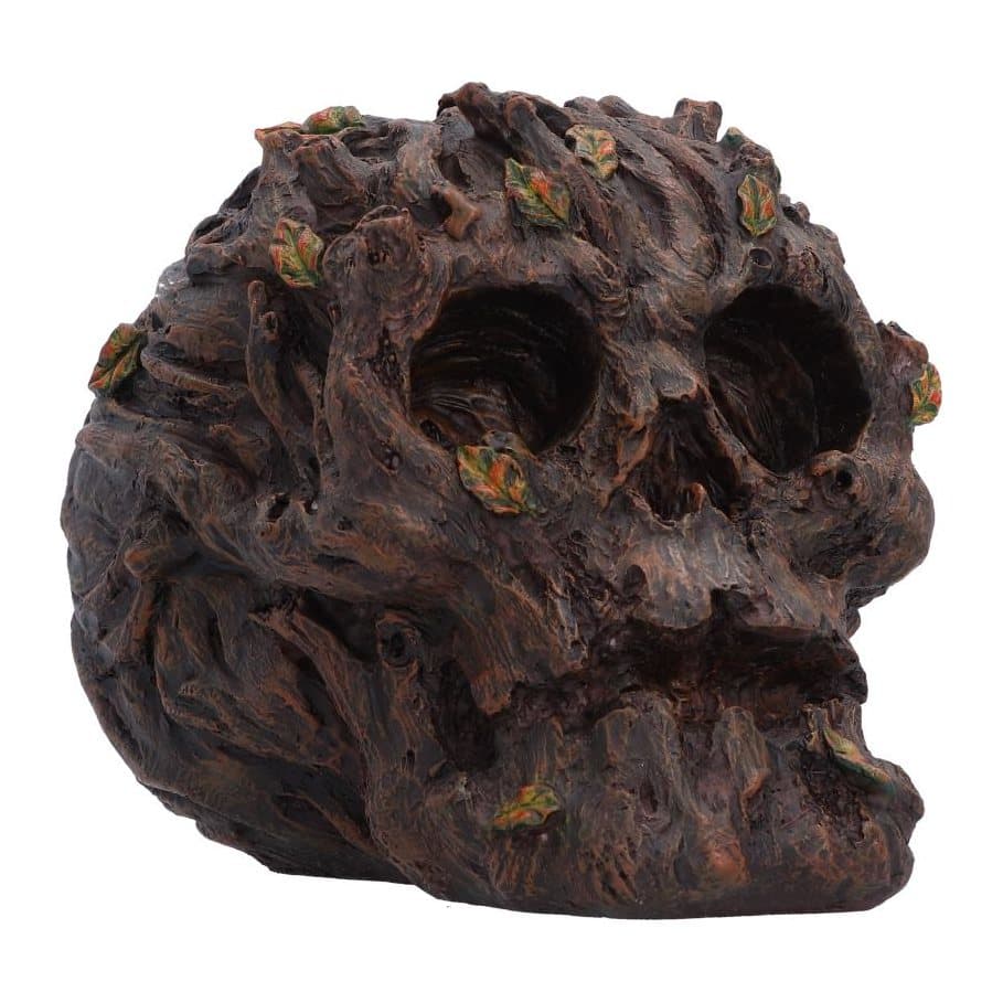 Skull ornament made from textured tree bark with leaf accents