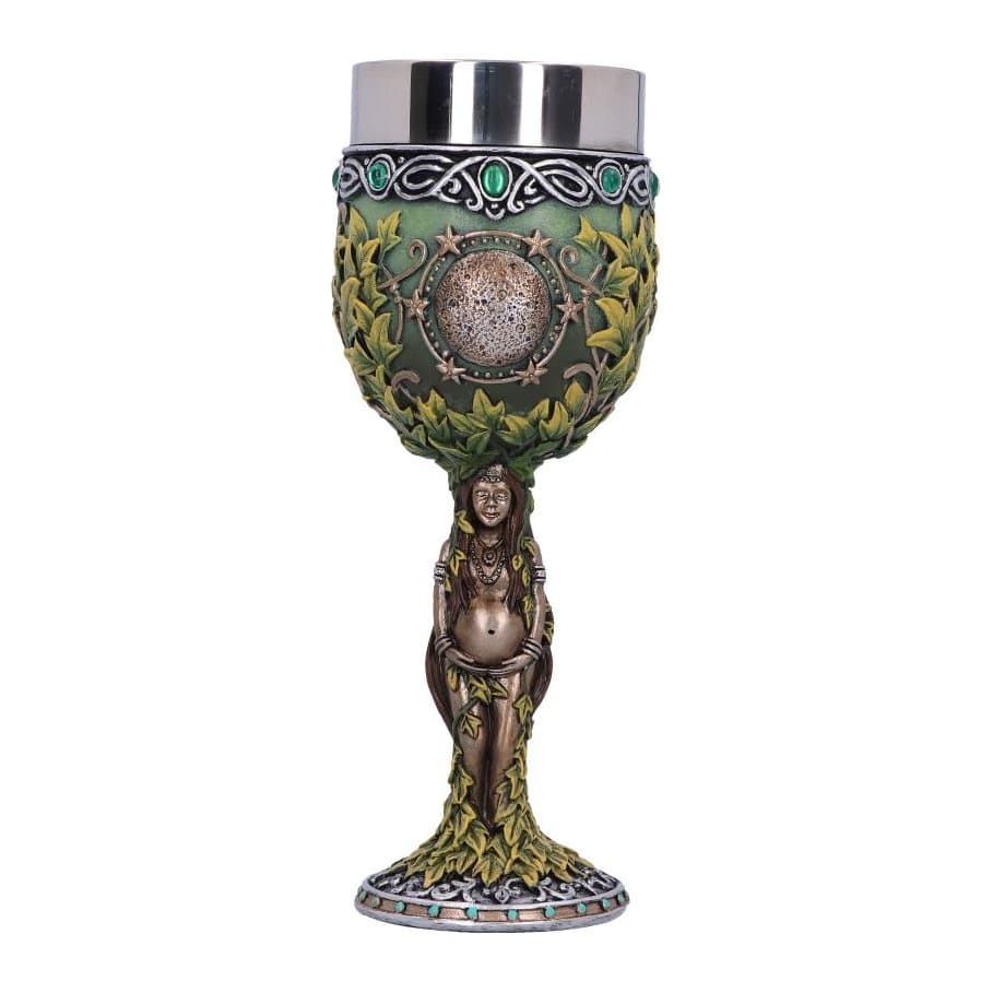 Resin goblet with a pregnant mother on the stem and a golden full moon