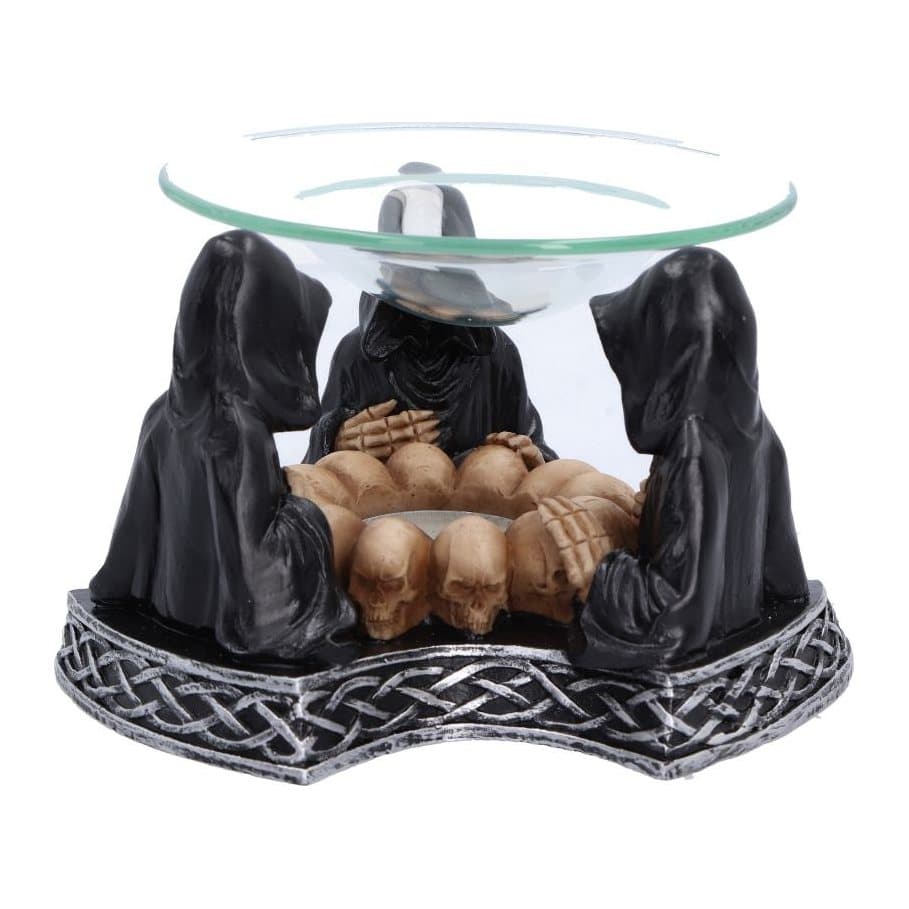 Triple Reaper oil burner with three hooded reapers around a ring of skulls