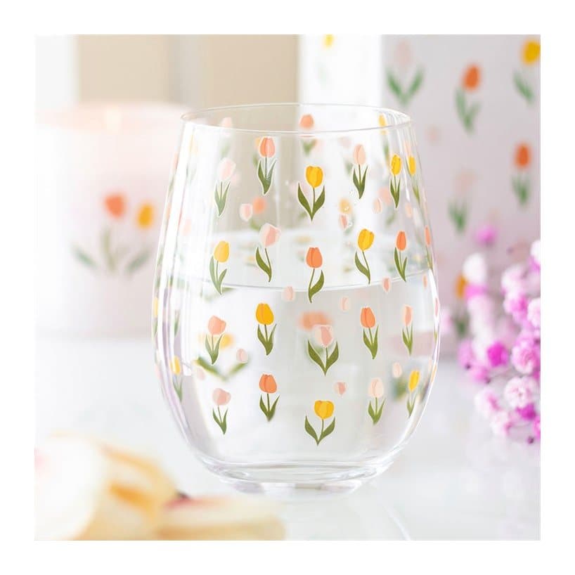 Stemless glass printed with colourful tulips