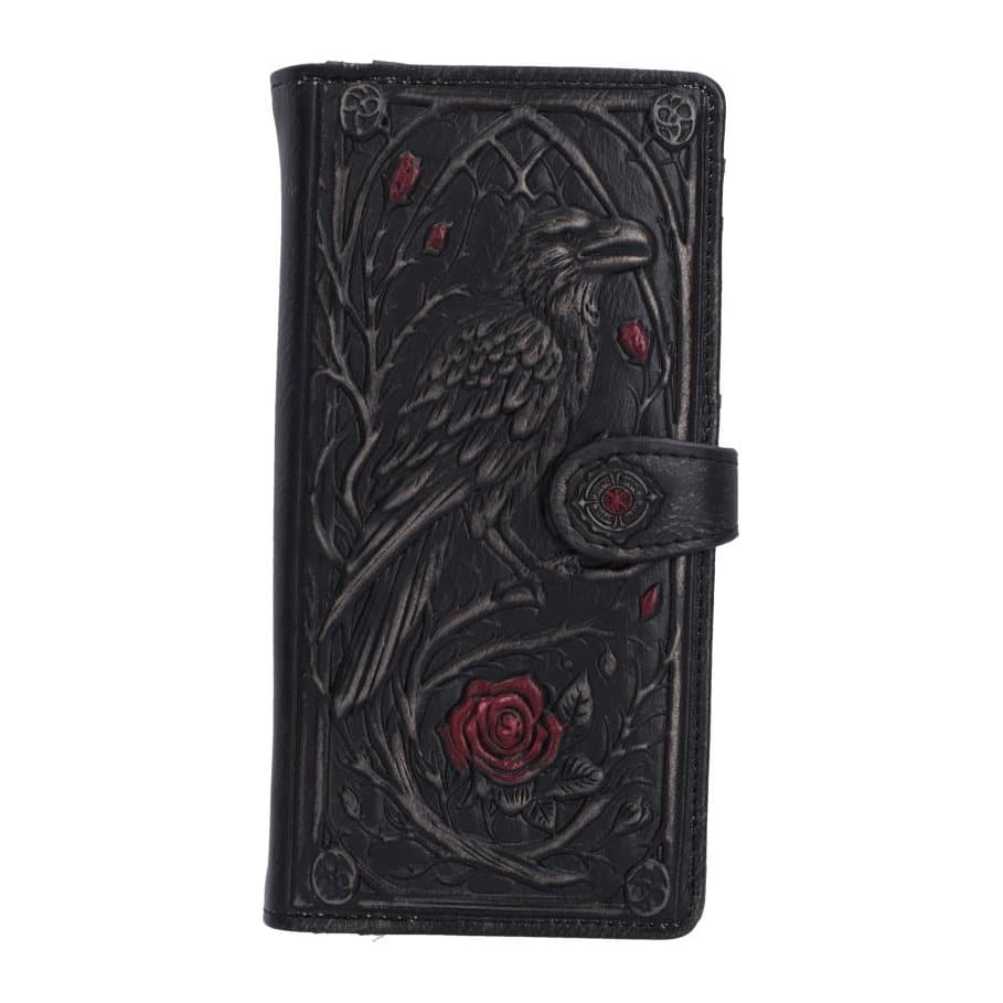 Black purse embossed with a raven among red roses and gothic detailing