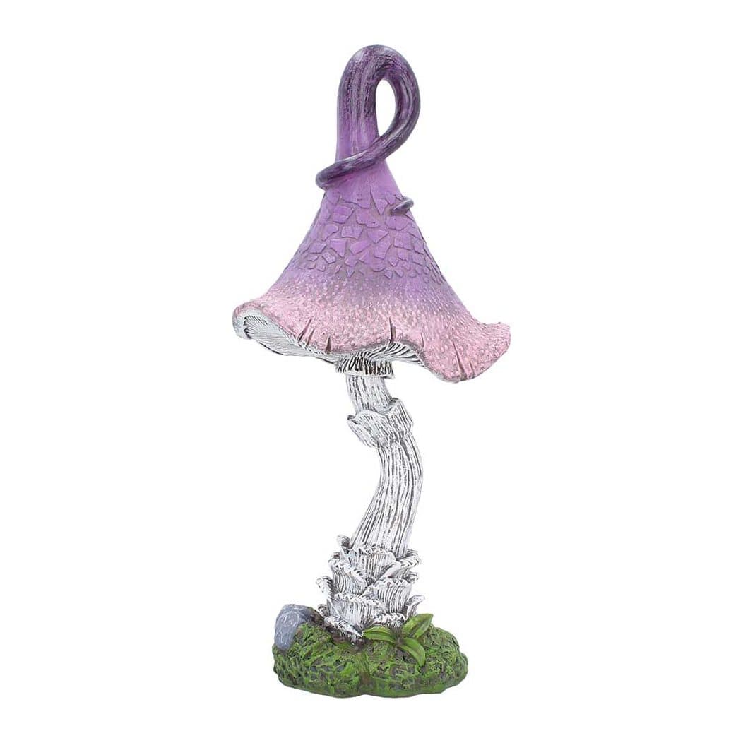 Twisted purple mushroom sculpture on a grassy base