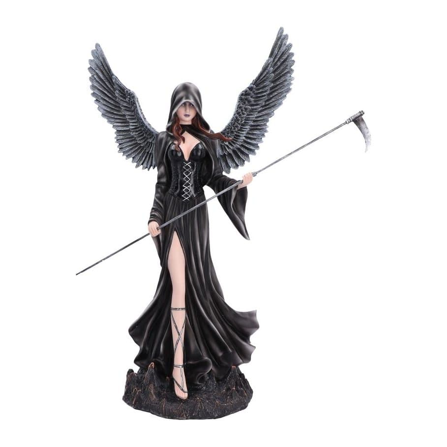 Black gothic angel figurine with outstretched grey wings and a raised hood